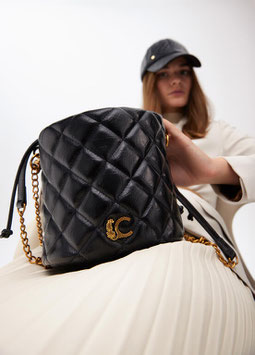 BOLSO TIPO BOMBONERA ACOLCHADA EFECTO PIEL CON LOGO LC LEOPARDO NEGRO   REF. LS2504009
