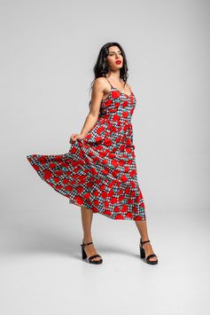 VESTIDO MIDI BUSTER DE TOMATES Y VICHY BLANCO Y NEGRO POMODORI "POMODORI"        REF. SS262912