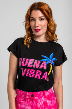 CAMISETA SIN MANGAS CORTE CANALLA NEGRA CON TEXTO BUENA VIBRA "SUMMER TIME"    REF. SS262401