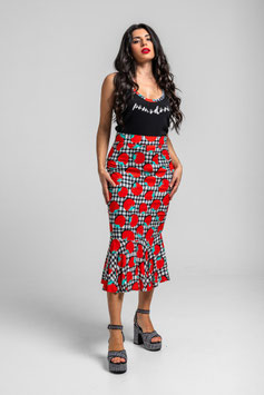FALDA LAPIZ CON GODET EN EL BAJO DE TOMATES Y VICHY BLANCO Y NEGRO POMODORI "POMODORI"        REF. SS262908