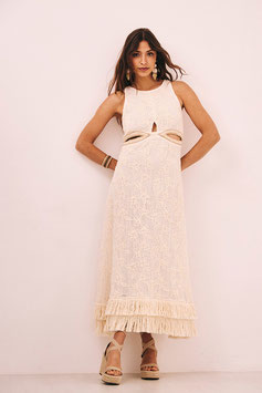 VESTIDO LARGO DE ALGODON CON CUT OUTS Y FLECOS      REF.  NI.NIYATI