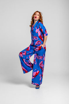 PANTALON SASTRE AZUL DE ESCULTURAS CLASICAS ROSAS Y ROJAS  "ROMPE EL MOLDE"     REF. SS260808
