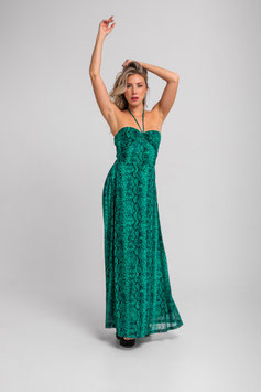 VESTIDO LARGO DE TUL ESCOTE HALTER ANIMAL PRINT VERDE  "SNAKE"      REF. SS260720