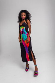 VESTIDO LENCERO NEGRO CON LORO MULTICOLOR "AL LORO"     REF. SS260915
