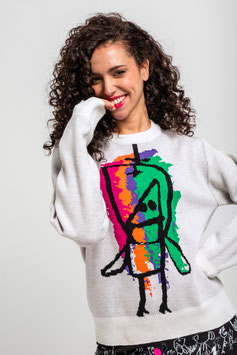 SWETER SENCILLO TEJIDO BLANCO CON NIÑO DE COLORES "IMAGINE"   REF. AW250602