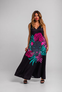 VESTIDO TIRANTES DE HOJAS Y PANTERAS SIN MANGAS "NOCTURNA"     REF. SS260130