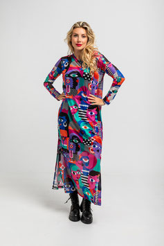 VESTIDO CAMISETA LARGO DE TUL  DE ESTAMPADO GEOMETRICO CARAS DE PICASSO  "IMPERFECTA"      REF. AW251111