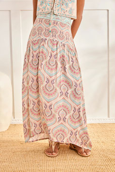 FALDA LARGA RAYON ESTAMPADO PAISLEY Y CINTURILLA BORDADA       REF. GF.PINOS