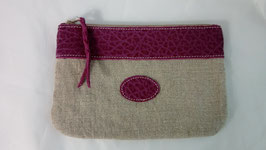 pochette en cuir cyclamen et lin écru grand modèle