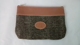 pochette en cuir nude et lin kaki grand modèle