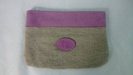 pochette en cuir lilas et lin écru grand modèle