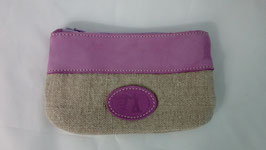 Petite TROUSSE en CUIR lilas et lin écru