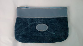 pochette en cuir bleu et lin bleu jean grand modèle