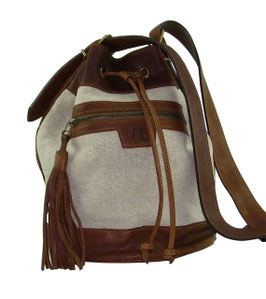 SAC SEAU EN CUIR ET LIN ECRU