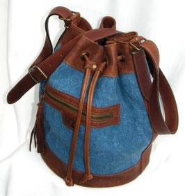 SAC SEAU EN CUIR ET LIN BLEU JEAN