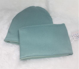 ♥ Mütze und Loop Waffel Jersey blau mit Fleece gefüttert Gr. 54 ♥