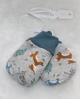 ♥ Baby Fäustlinge gefüttert Waldtiere grau blau Gr. M mit Kordel ♥