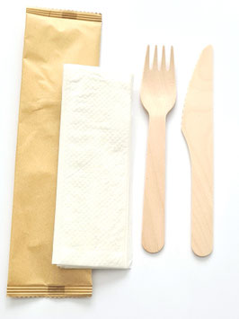 BIS Forchetta + Coltello Legno cm. 16 + Tovagliolo carta