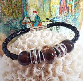 Bracelet marron et noir, simili cuir tressé noir, perle céramique marron, métal argenté et miracle marron, cadeau homme