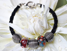 Bracelet  homme , perle millefiori rouge et argent,  cordon simili cuir tressé noir