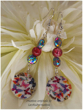 Boucles d'oreilles Nacre Papillon du printemps , perle de verre et petit palet turquoise