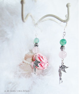 Boucles d'oreilles femme, accroches en argent pour oreilles percées , quartz rose, amazonite verte, pendentifs fées