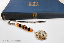 Marque pages homme Dragon de feu, cadeau pour lui, perles strass marron, noir et or  et pendentif dragon