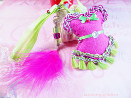 Bijou de sac, corset, bustier, feutrine rose et galon pompon vert , fait main, esprit Bollywood
