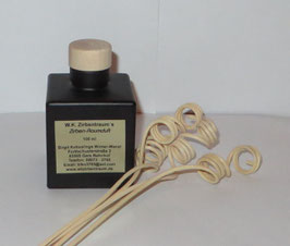 Raumduft "Zirbe" in einer schwarz mattierten 100 ml Glasflasche mit Holzgriffkorken + 4 Stück Rattanstäbchen