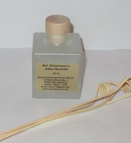 Raumduft "Zirbe" in einer weiß mattierten 100 ml Glasflasche mit Holzgriffkorken + 4 Stück Rattanstäbchen
