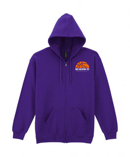 Zip-Hoodie purple mit kleinem BG Bonn Logo auf der Brust und Wunschname auf dem Rücken