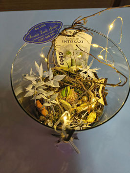 Centrotavola in cristallo con bulbo di amaryllis, decorazioni natalizie e con luci led