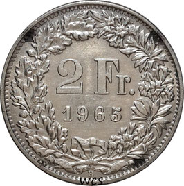 Switzerland 2 Francs 1965 B KM#21 XF
