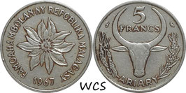 Madagascar 5 Francs 1967 KM#10 VF