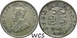 Ceylon 25 Cents 1920 B KM#105a VF-