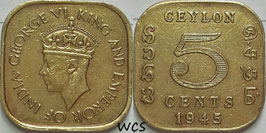 Ceylon 5 Cents 1945 KM#113.2 VF- (cleaned)