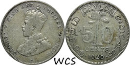 Ceylon 50 Cents 1920 B KM#109a F