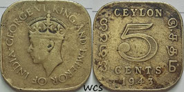 Ceylon 5 Cents 1943 KM#113.1 VG