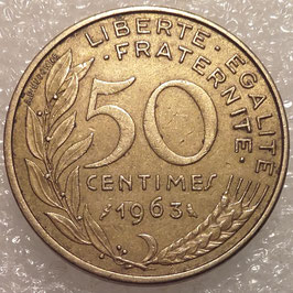 France 50 Centimes 1963 3 folds in collar KM#939.1 VF