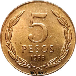 Chile 5 Pesos 1988-1990 Narrow Date KM#217.2