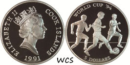 Cook Islands 5 Dollar 1991 KM#149 Proof - FIFA World Cup USA 1994