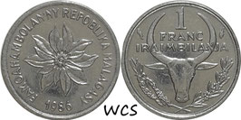 Madagascar 1 Franc 1986 KM#8 XF