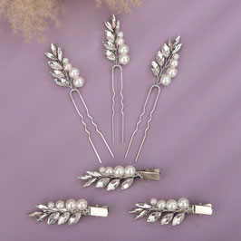 Set 3. Stk. Haarnadeln Perlen Strass & 3. Stk. Haarklammern Perlen Strass Art.7782-Silber