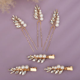 Set 3. Stk. Haarnadeln Gold Perlen Strass & 3 Stk. Haarklammern Gold Perlen Strass Art.7788-Gold