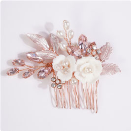 Haarkamm Rosegold Blumen Perlen N3878
