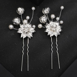 Set 2. Stk. Haarnadeln Silber Blumen Perlen Strass Art. N6232-Silber Haarschmuck Hochzeit