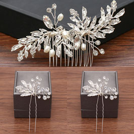 Haarschmuck Set Silber - Haarkamm 1.Stk. & Haarnadeln 3.Stk. Haarschmuck Braut Art.N7717-Silber