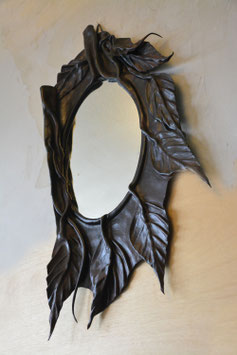 Leather mirror, leaves, 50s