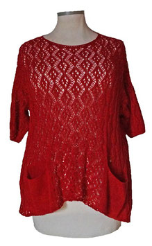 Häkel-Strick Baumwolle Shirt mit Täschchen in A-Linie Dunkelrot Gr 40-48 (03729)
