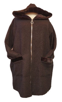 Bouclé Mantel Jacke Übergangsmantel Schwarz mit Kuschelfellumrandungen (07196)